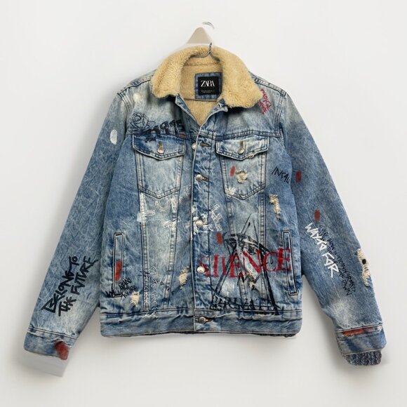 Zara Other - Y2K Zara Denim Punk Emo Goth Graffiti Jacket Sherpa Lined Distressed Men Size S